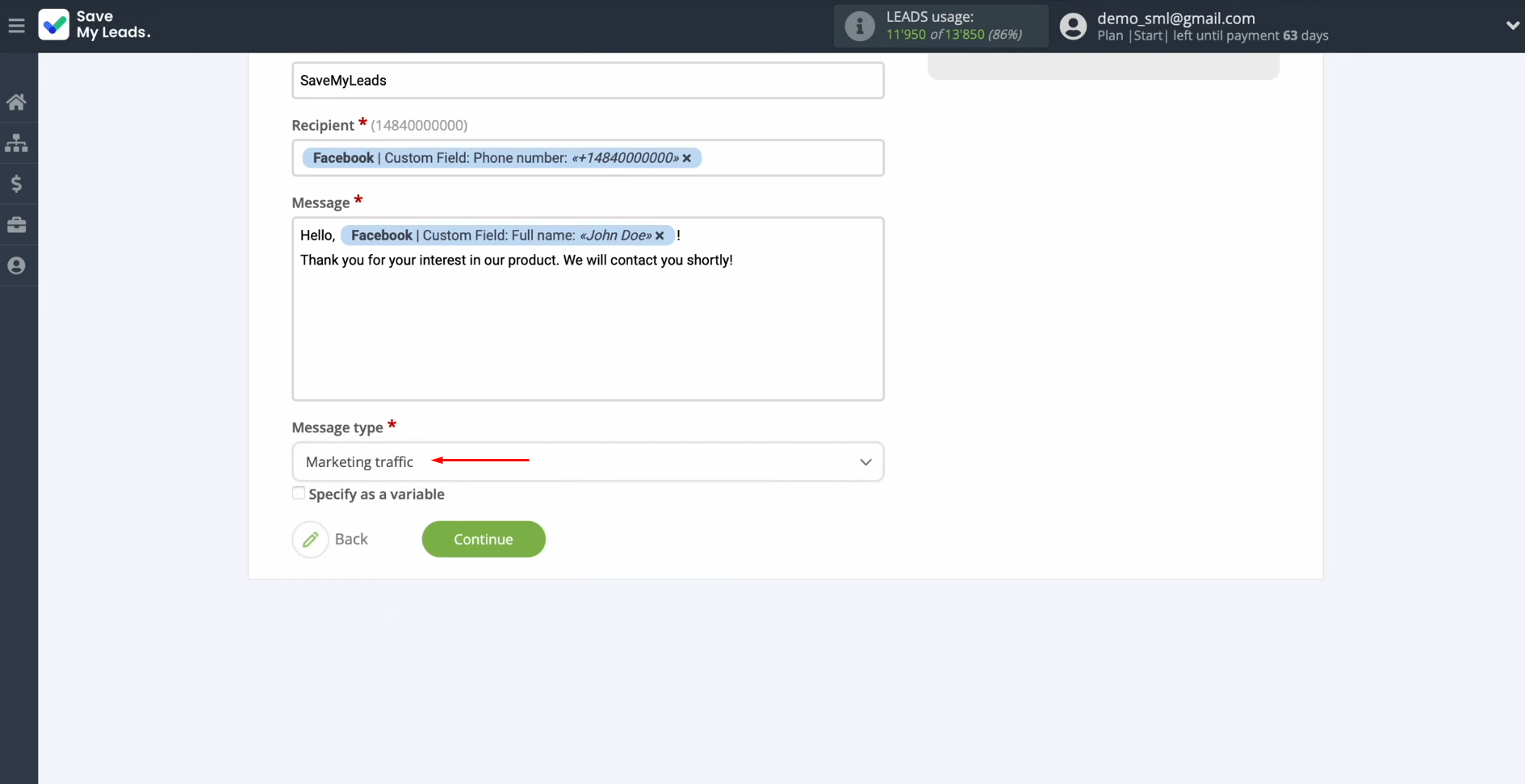 Telesign and Facebook integration | Select the message type Telesign and Facebook integration | Select the message type