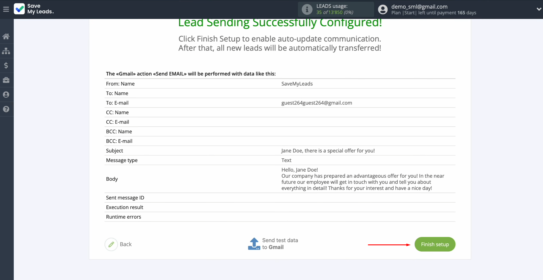 TikTok and Gmail integration | Click “Finish setup” to enable auto-update TikTok and Gmail integration | Click “Finish setup” to enable auto-update