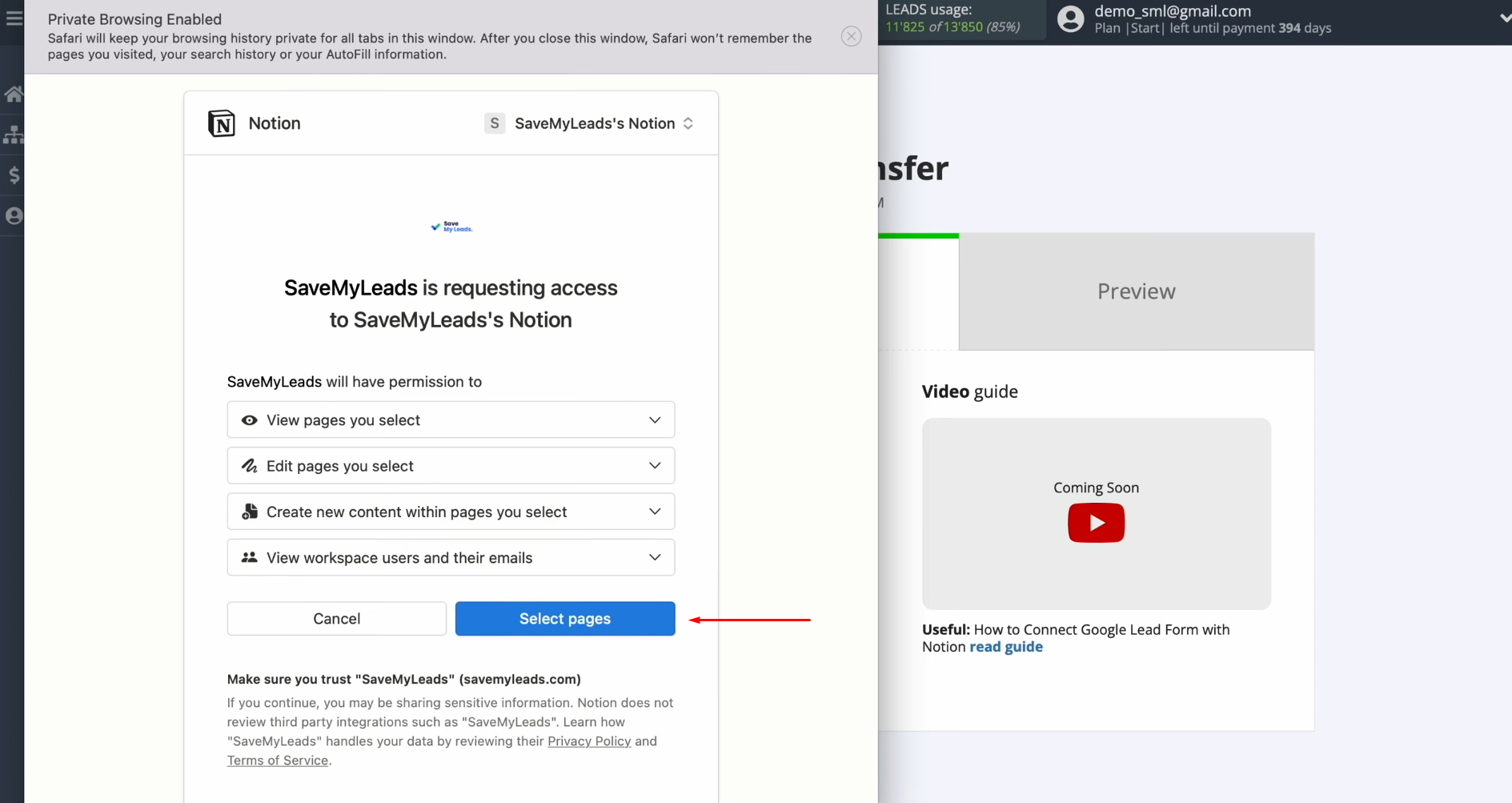 Google Ads Lead Form and Notion integration | Click “Select pages” Google Ads Lead Form and Notion integration | Click “Select pages”