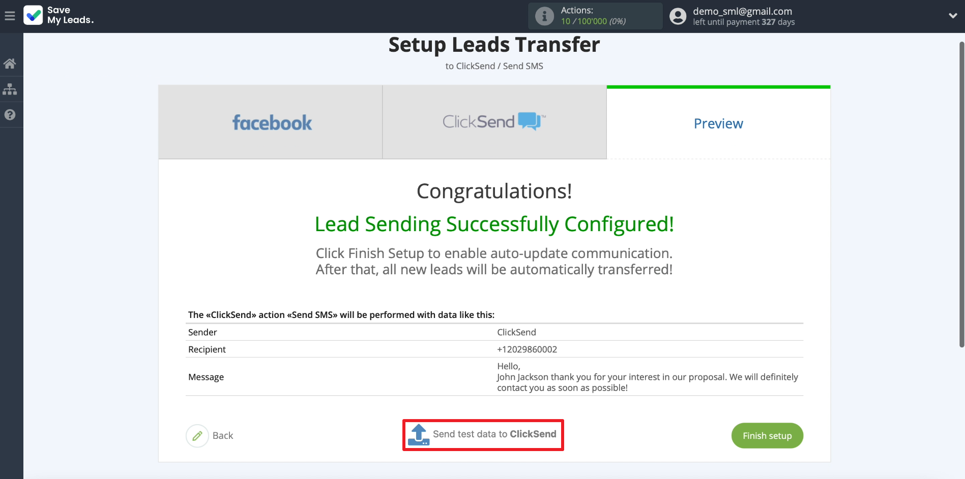 ClickSend and SaveMyLeads integration | Testing sending a message ClickSend and SaveMyLeads integration | Testing sending a message