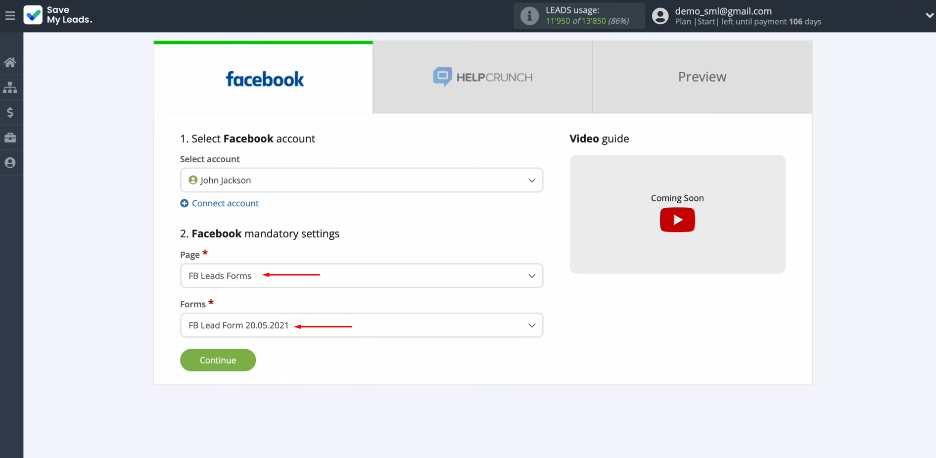 Facebook and HelpCrunch integration | Select the advertising page and the form Facebook and HelpCrunch integration | Select the advertising page and the form
