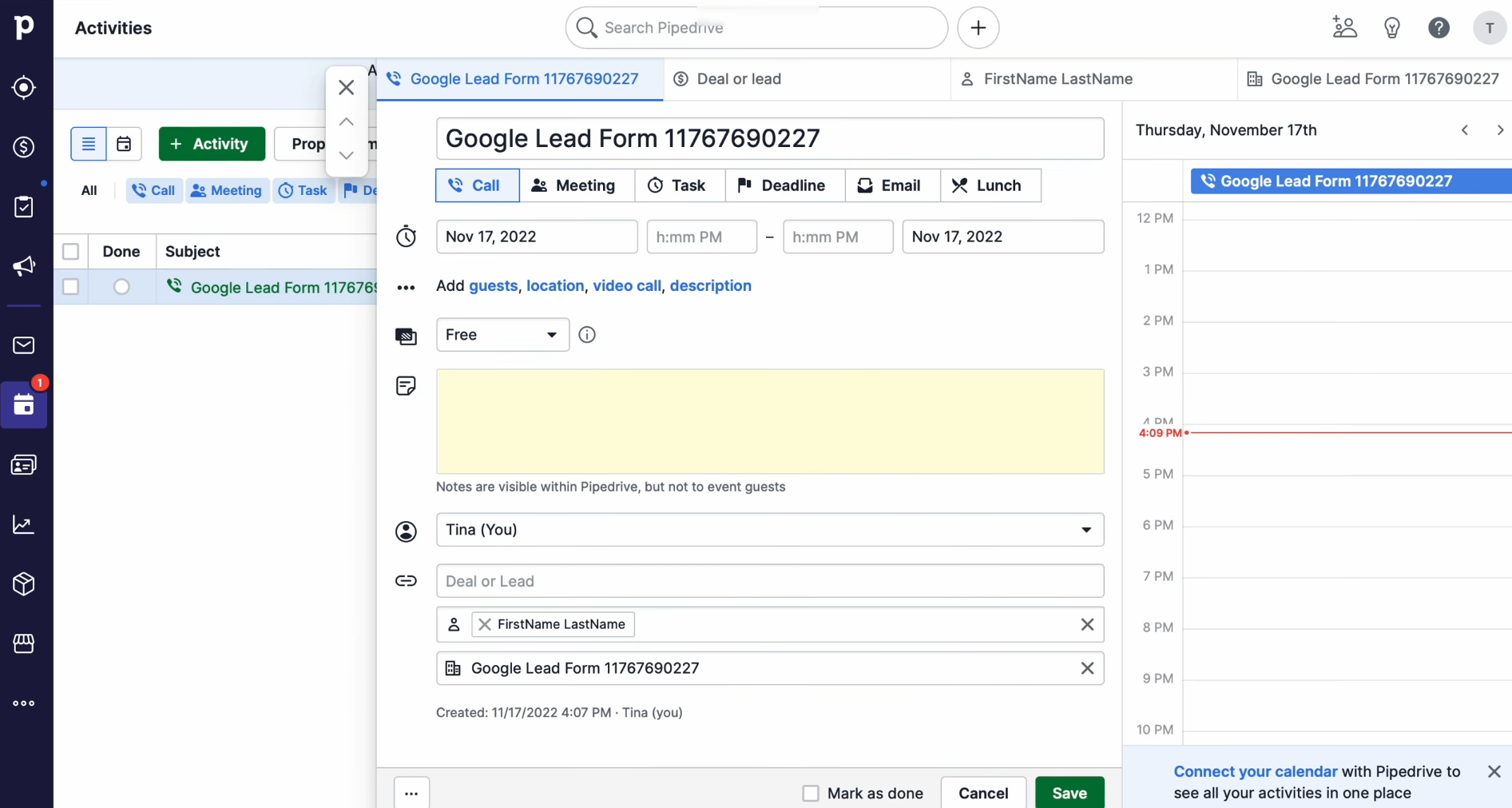 Google Ads Lead Form and Pipedrive integration | Result of the data transfer to Pipedrive Google Ads Lead Form and Pipedrive integration | Result of the data transfer to Pipedrive