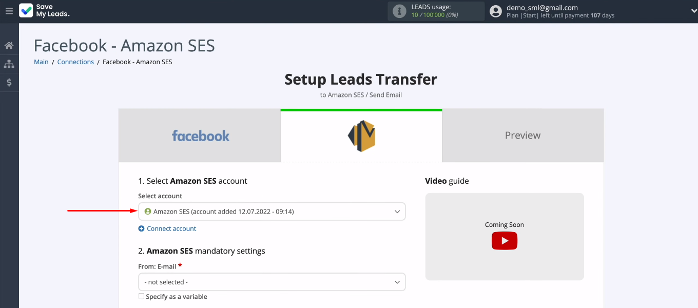 Facebook and Amazon SES integration | Select Amazon SES account Facebook and Amazon SES integration | Select Amazon SES account