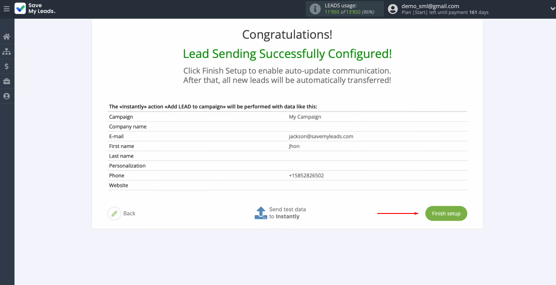 Facebook and Instantly integration | Click on “Finish setup” Facebook and Instantly integration | Click on “Finish setup”