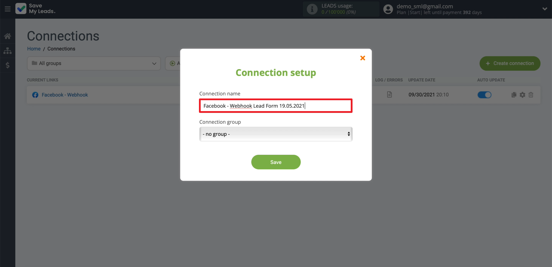 Facebook and Webhooks integration | Editing the name of the connection Facebook and Webhooks integration | Editing the name of the connection