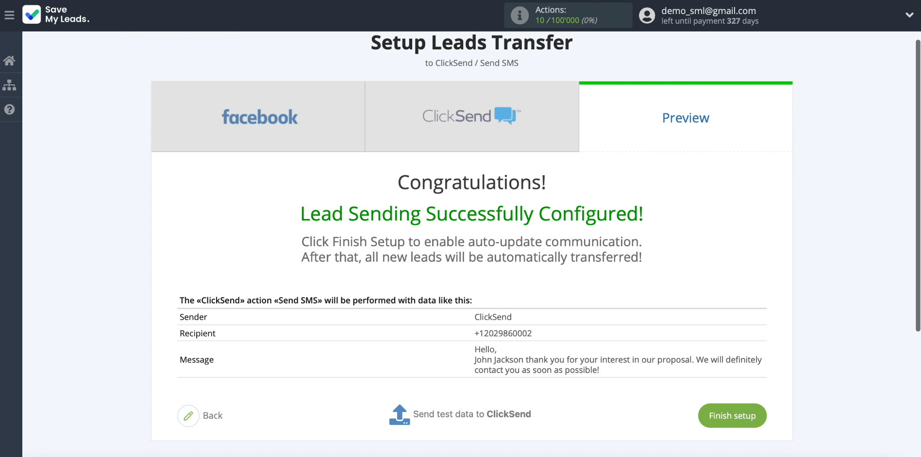 ClickSend and SaveMyLeads integration | Message example ClickSend and SaveMyLeads integration | Message example