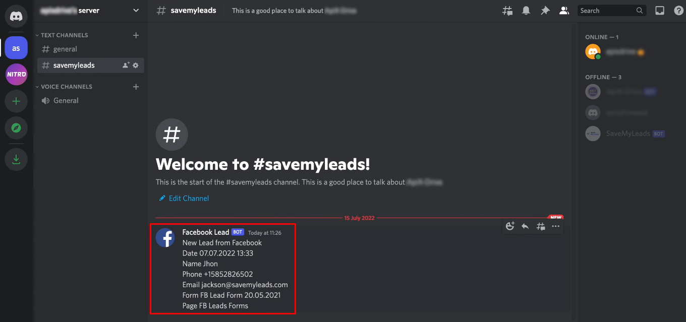 Facebook and Discord integration | The notification in Discord Facebook and Discord integration | The notification in Discord