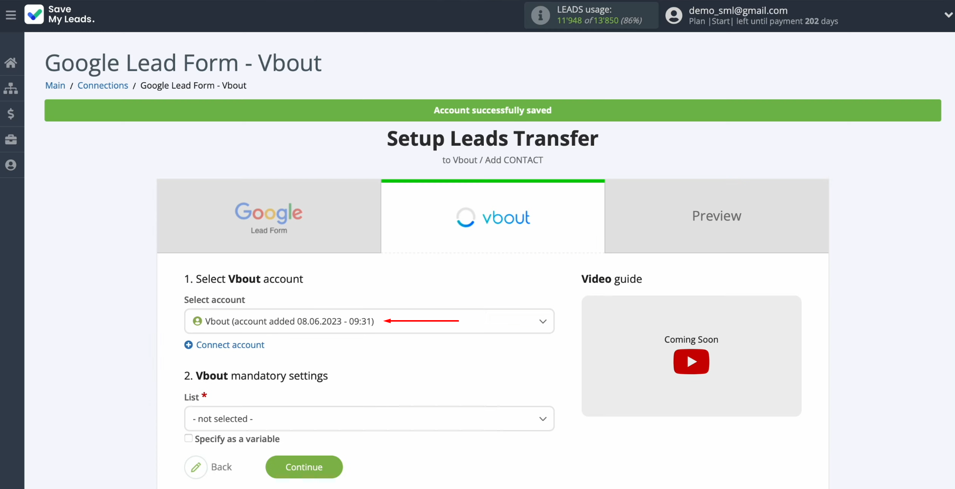 Vbout and Google Leads integration | Select the connected account Vbout and Google Leads integration | Select the connected account