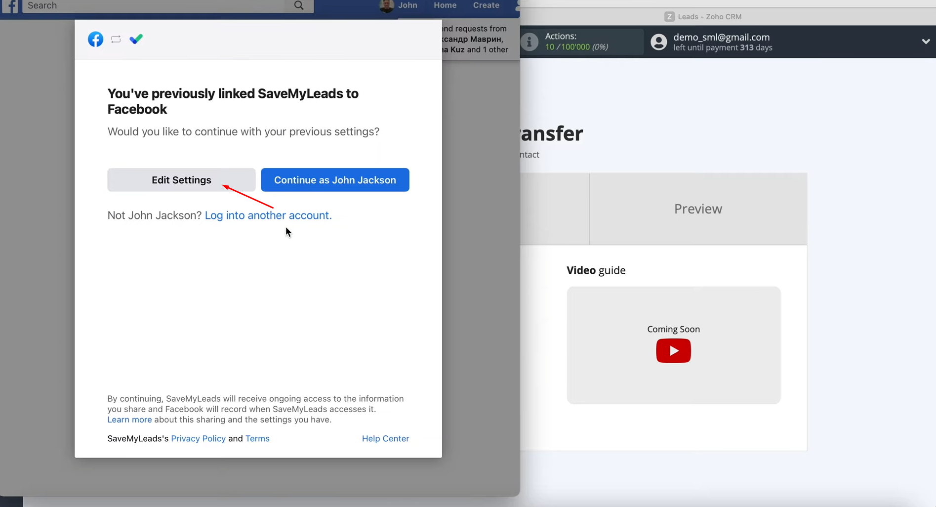 Facebook Lead Ads and Zoho CRM integration | Click “Edit Settings” Facebook Lead Ads and Zoho CRM integration | Click “Edit Settings”
