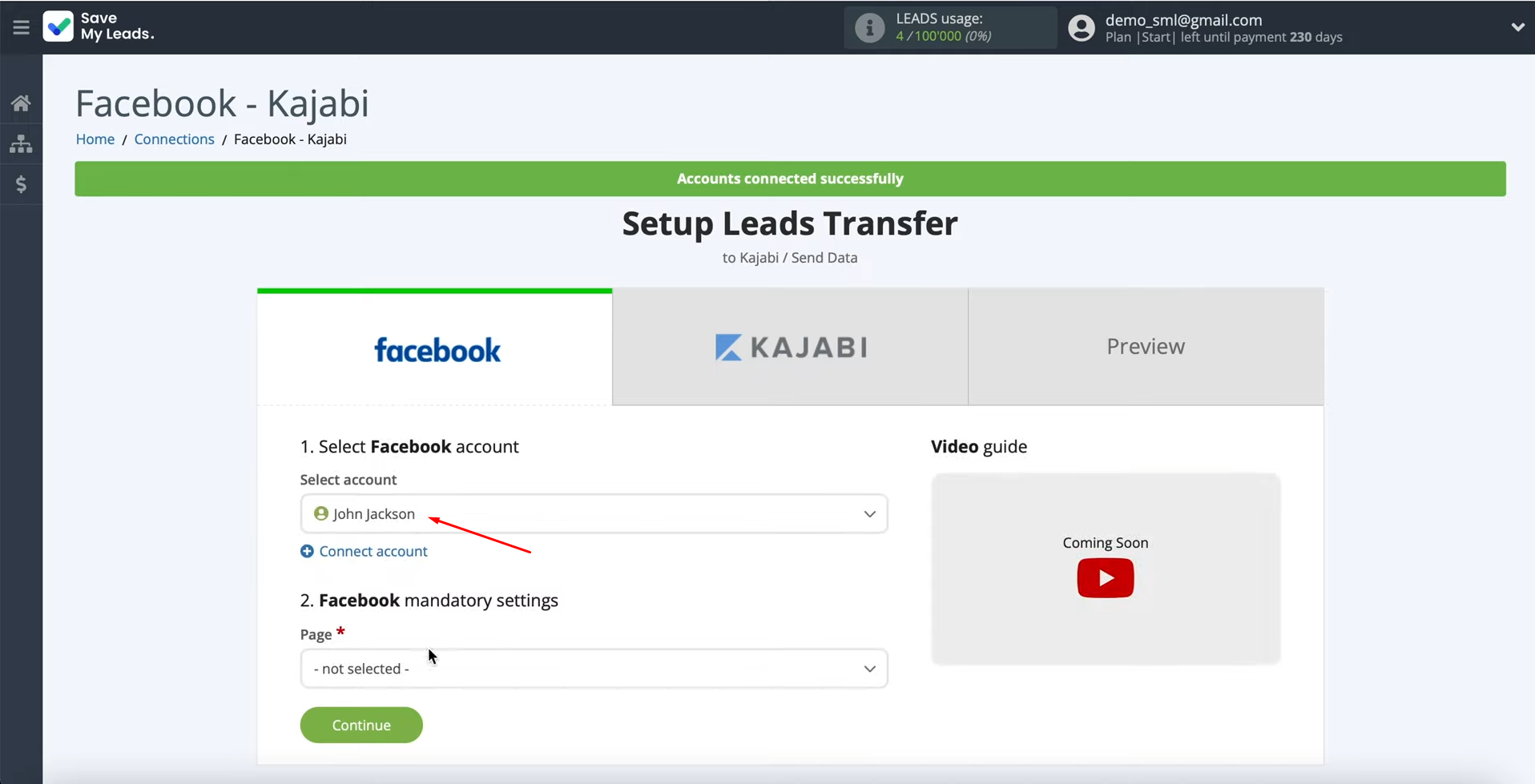 Facebook Leads Ads and Kajabi integration | Select the connected account Facebook Leads Ads and Kajabi integration | Select the connected account