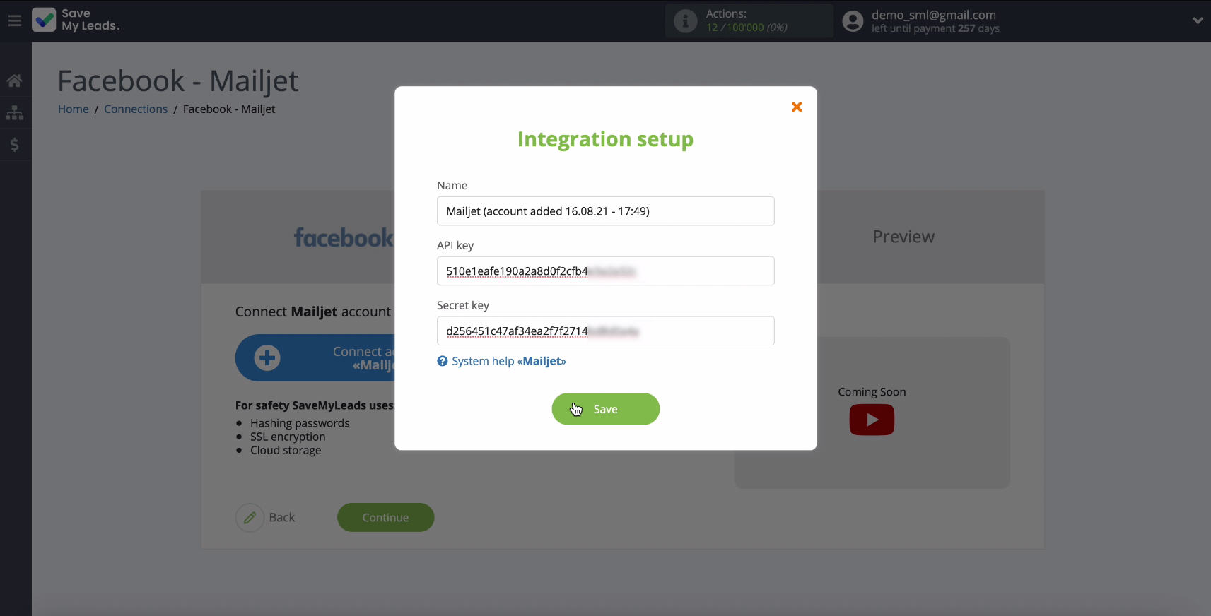 Facebook and Mailjet integration | Fill in the API Key and Secret Key fields and click Save Facebook and Mailjet integration | Fill in the API Key and Secret Key fields and click Save