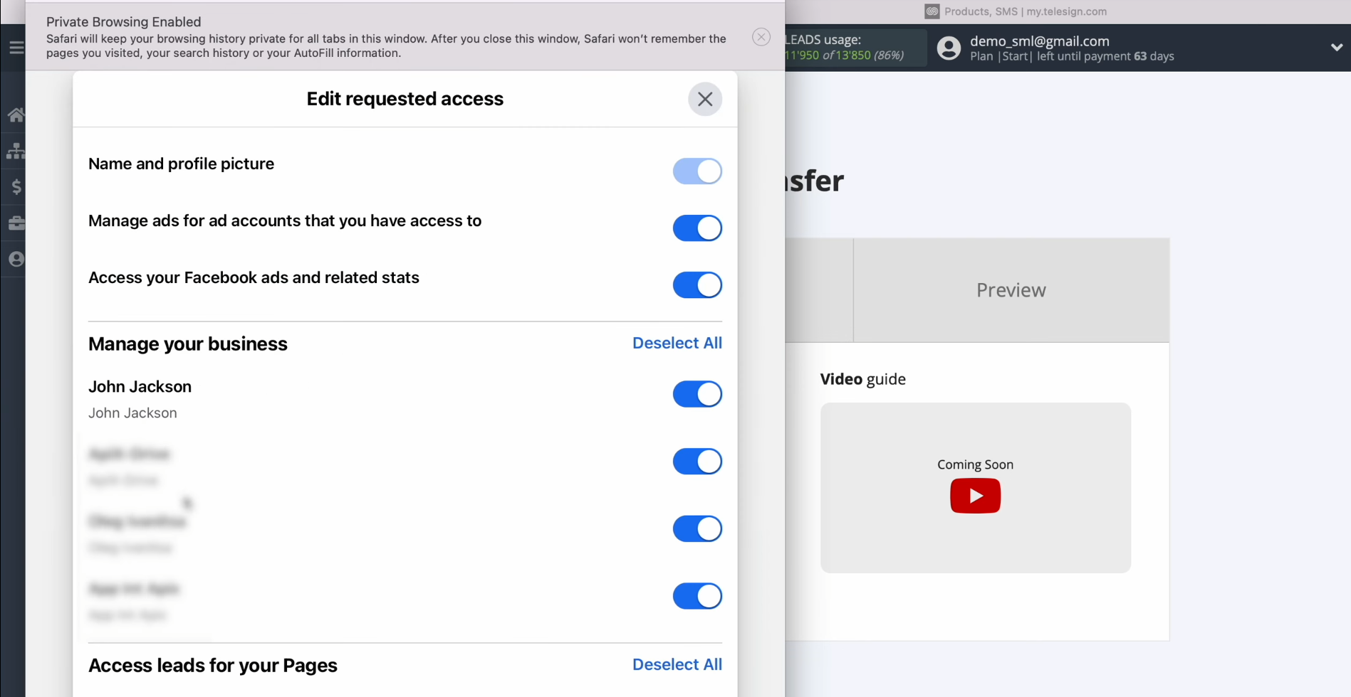 Telesign and Facebook integration | Leave all access checkboxes enabled Telesign and Facebook integration | Leave all access checkboxes enabled