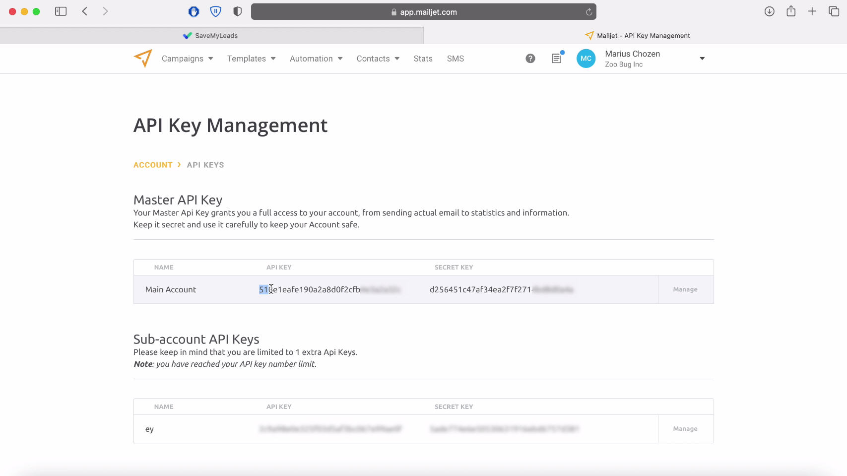 Facebook and Mailjet integration | Copy the API Key and Secret Key Facebook and Mailjet integration | Copy the API Key and Secret Key