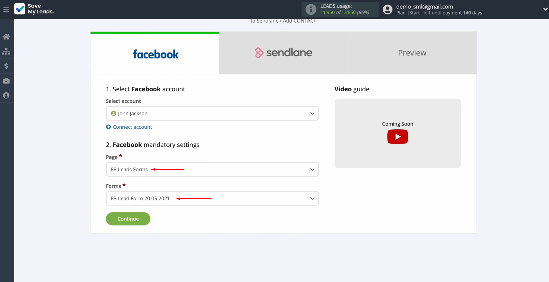 Sendlane and Facebook integration | Select the advertising page and the form Sendlane and Facebook integration | Select the advertising page and the form