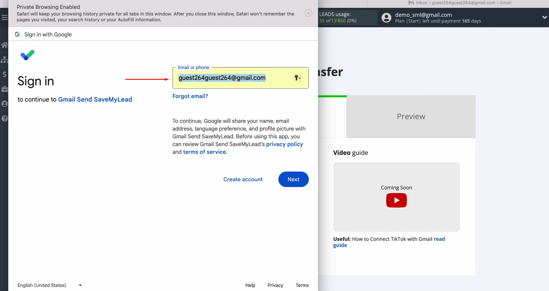TikTok and Gmail integration | Specify the username of your Google account TikTok and Gmail integration | Specify the username of your Google account