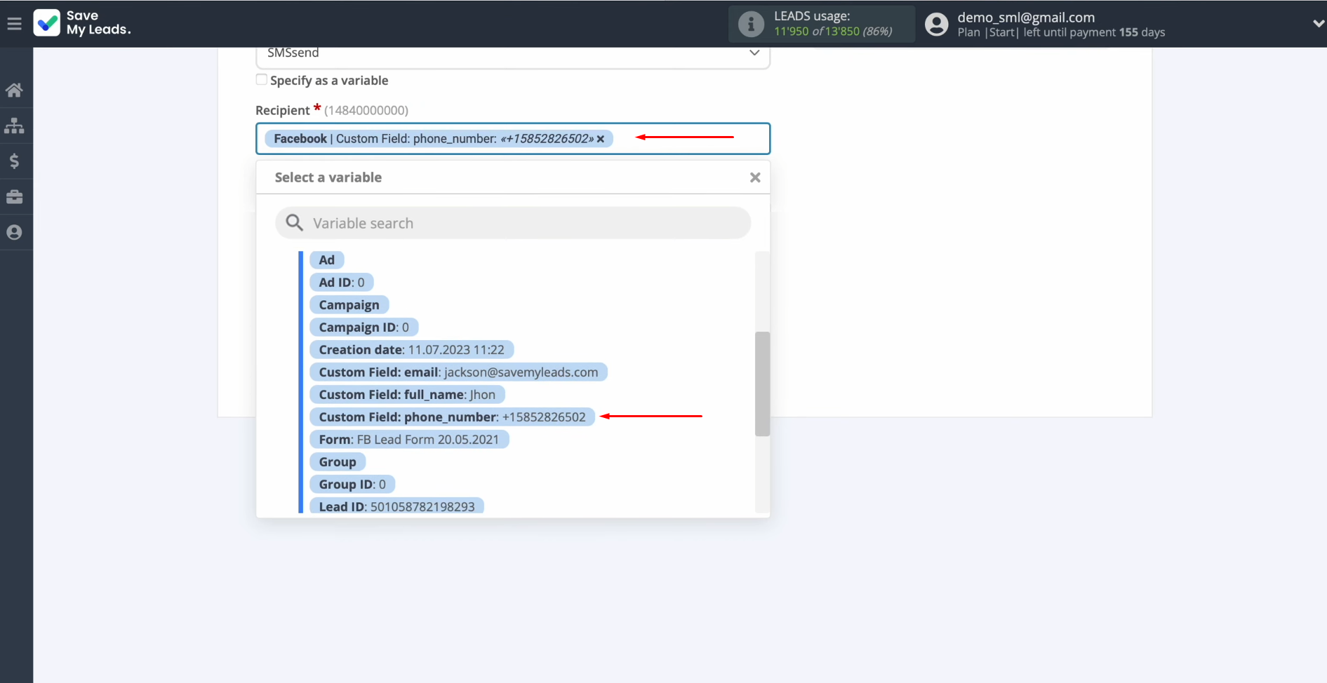 MessageWhiz and Facebook integration | Select a variable from the drop-down list MessageWhiz and Facebook integration | Select a variable from the drop-down list