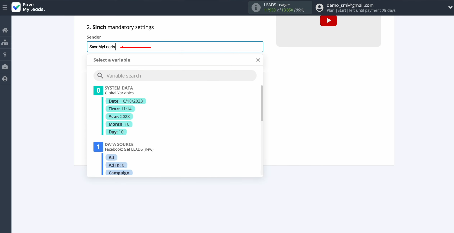 Facebook and Sinch integration | Enter the name of the sender Facebook and Sinch integration | Enter the name of the sender