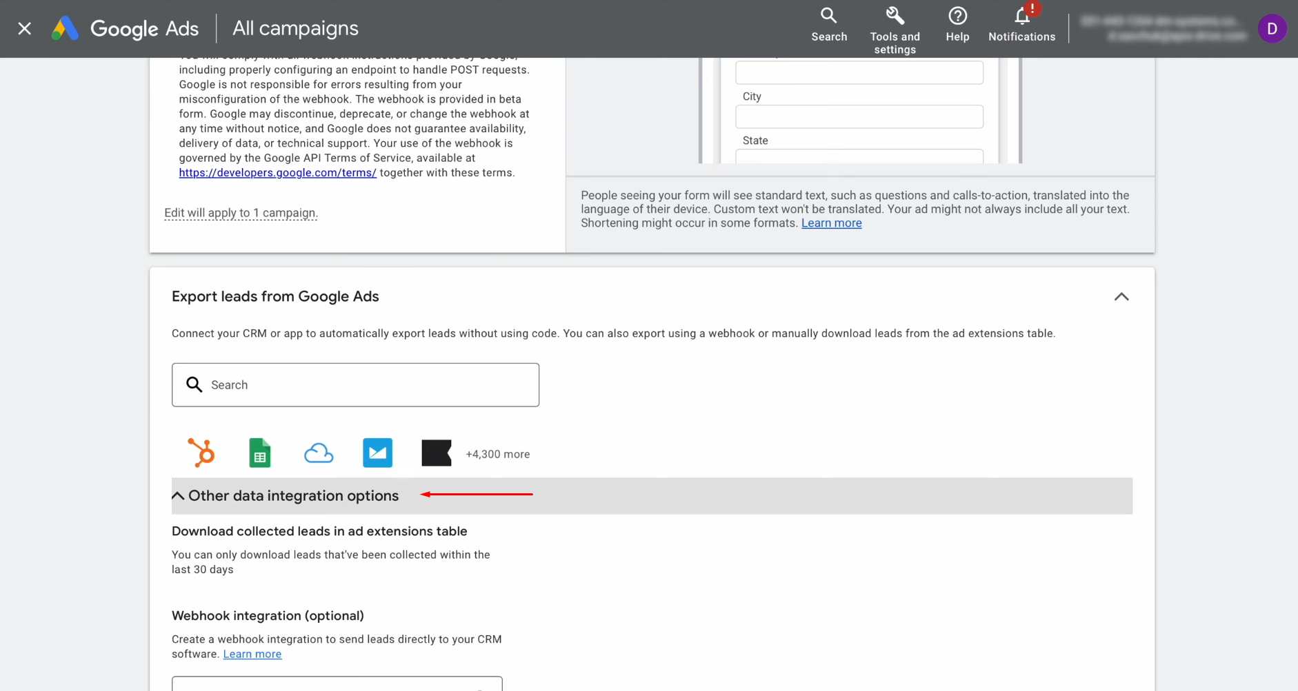 Google Lead Form and Sinch integration | Find the section "Other data integration options" Google Lead Form and Sinch integration | Find the section "Other data integration options"
