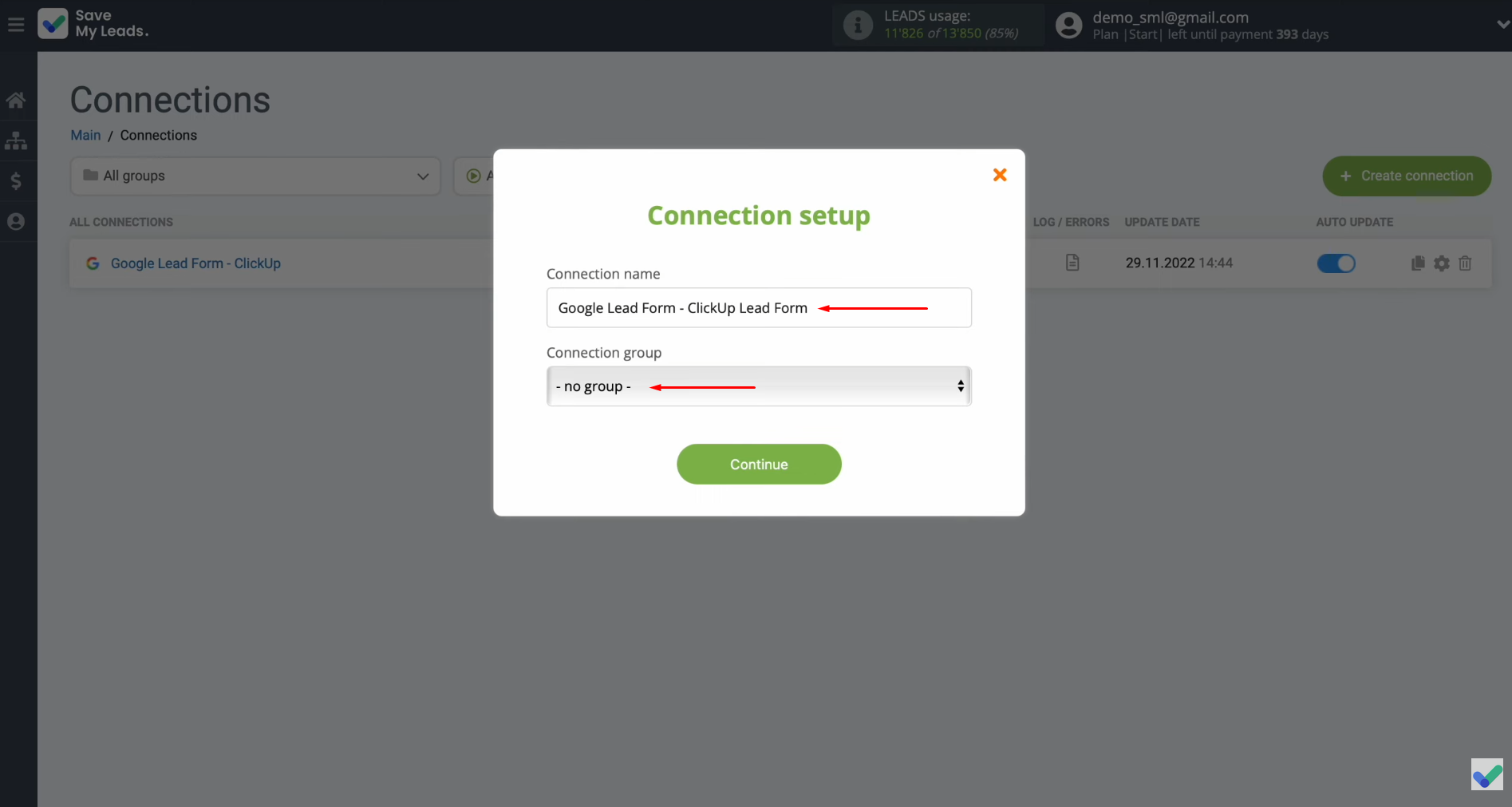 Google Ads Lead Form and ClickUp integration | Update the connection name or assign it to a specific group Google Ads Lead Form and ClickUp integration | Update the connection name or assign it to a specific group