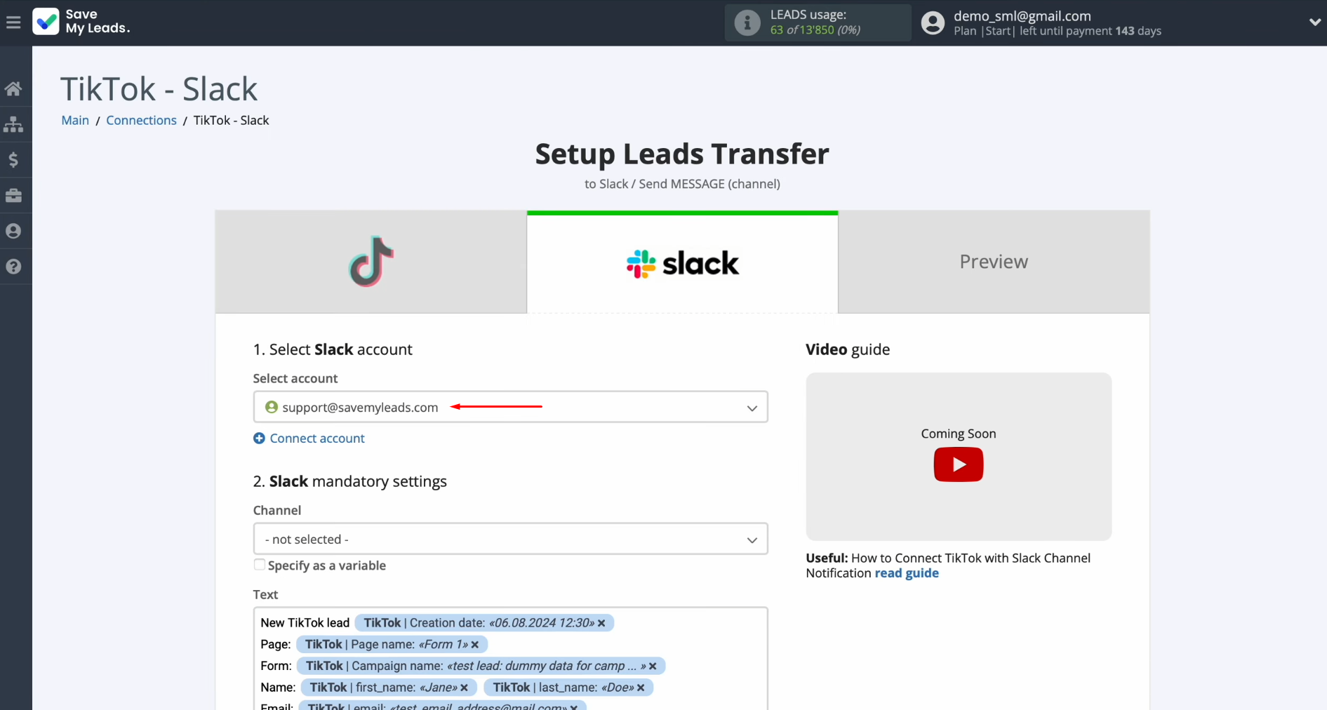 TikTok and Slack integration | Select the connected login TikTok and Slack integration | Select the connected login