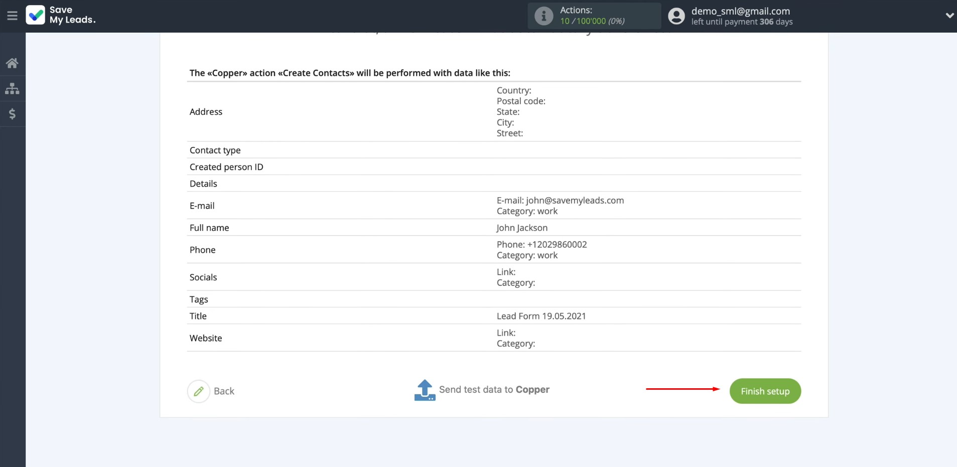 Facebook and Copper integration | Click “Finish setup” Facebook and Copper integration | Click “Finish setup”