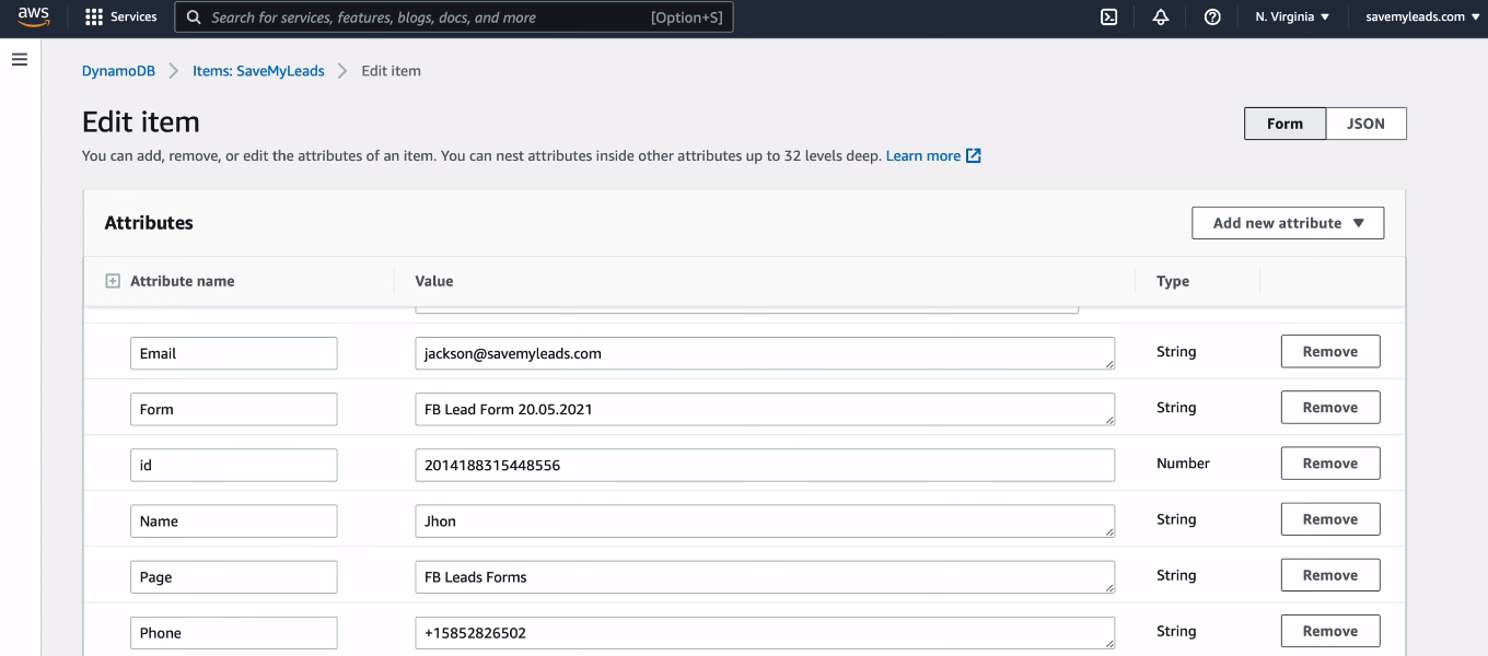 Facebook and Amazon DynamoDB integration | The item Facebook and Amazon DynamoDB integration | The item