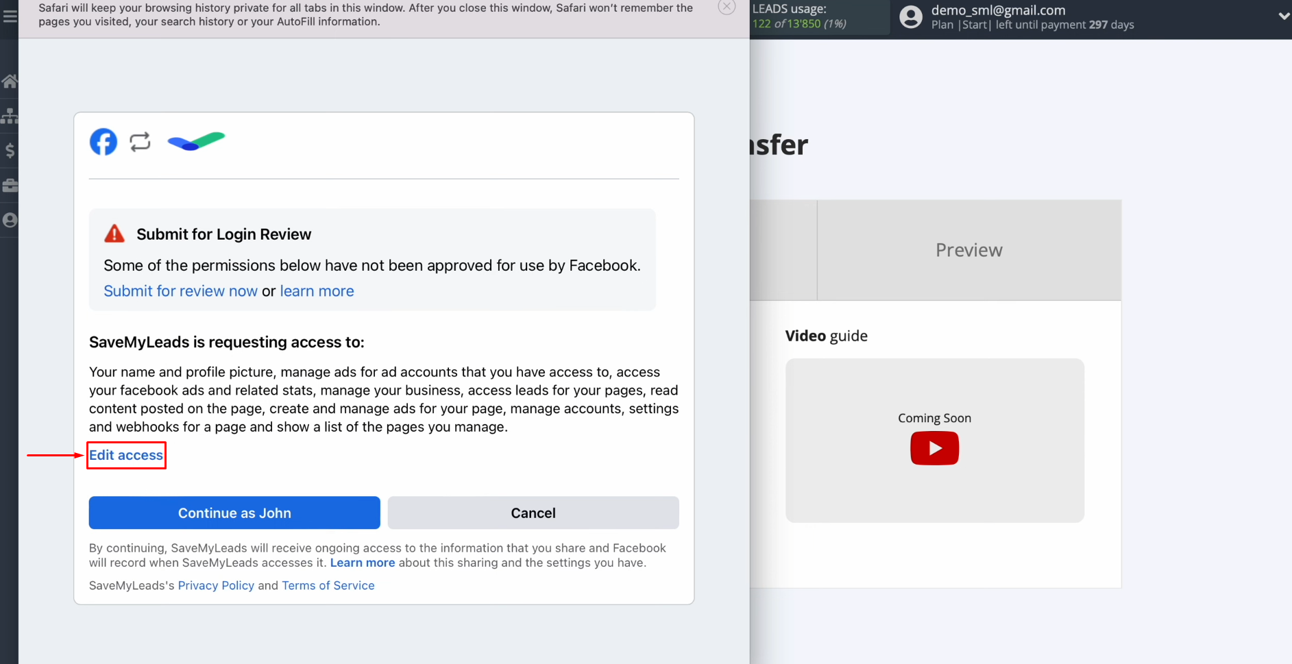 Facebook and Telegram integration | Click “Edit access” Facebook and Telegram integration | Click “Edit access”