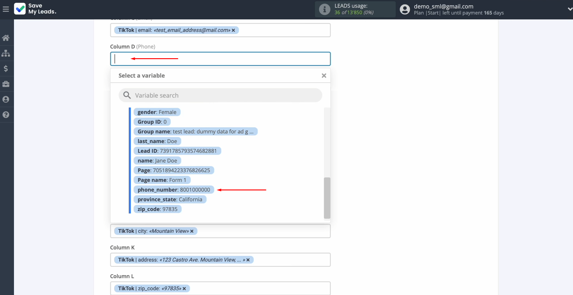 TikTok and Google Sheets integration | Select a variable from the drop-down list TikTok and Google Sheets integration | Select a variable from the drop-down list