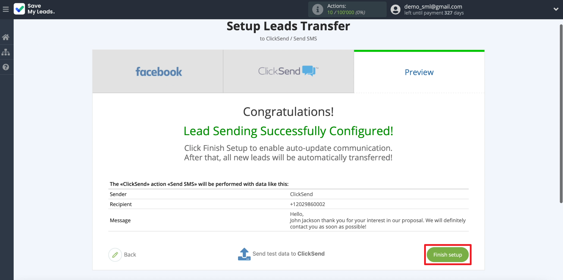 ClickSend and SaveMyLeads integration | Finishing the setup ClickSend and SaveMyLeads integration | Finishing the setup