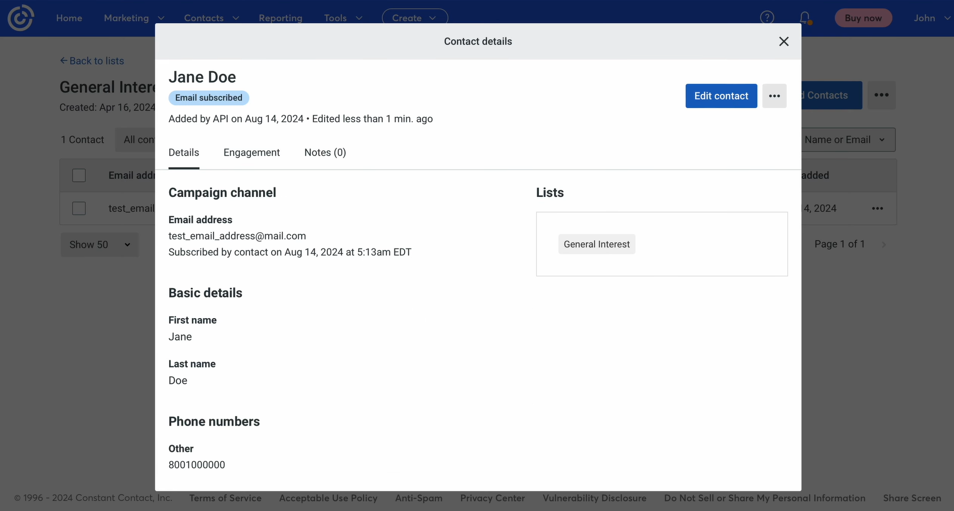 Result of the data transfer to Constant Contact Result of the data transfer to Constant Contact