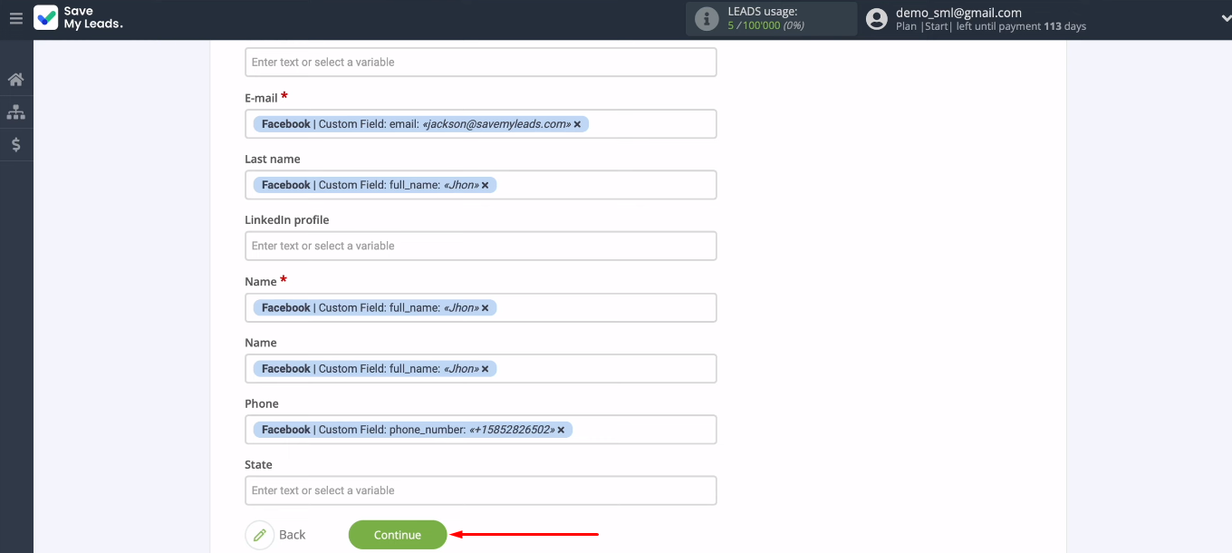 Facebook and Reply integration | Reply fields are configured, click “Continue” Facebook and Reply integration | Reply fields are configured, click “Continue”