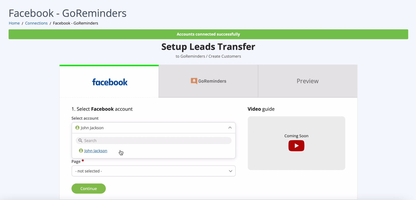 Facebook and GoReminders integration | Select an account Facebook and GoReminders integration | Select an account