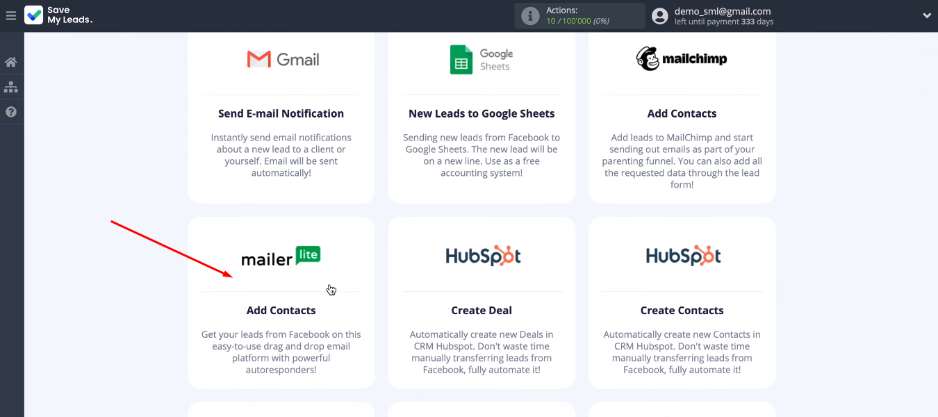 Facebook and MailerLite integration | Select template Facebook and MailerLite integration | Select template