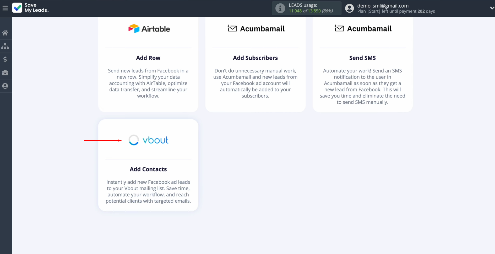Facebook and Vbout integration | Select the system where you want to transfer new leads Facebook and Vbout integration | Select the system where you want to transfer new leads