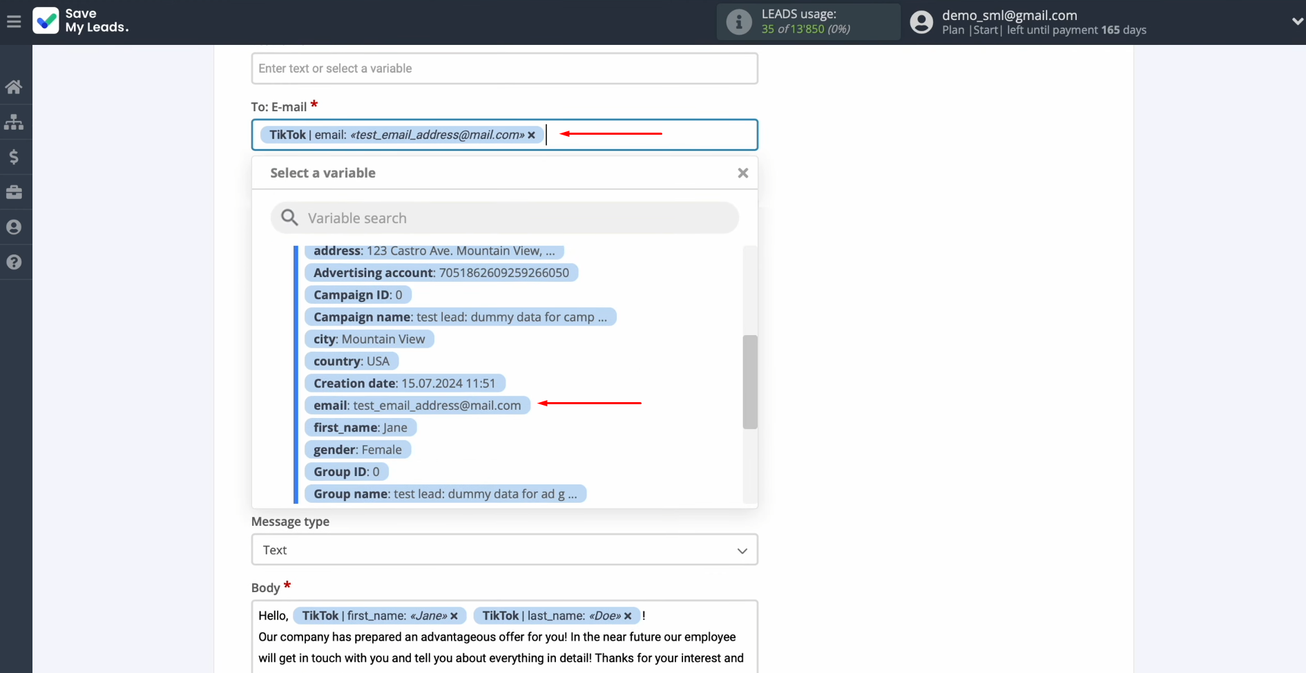 TikTok and Gmail integration | Specify variables from TikTok with the lead’s email TikTok and Gmail integration | Specify variables from TikTok with the lead’s email
