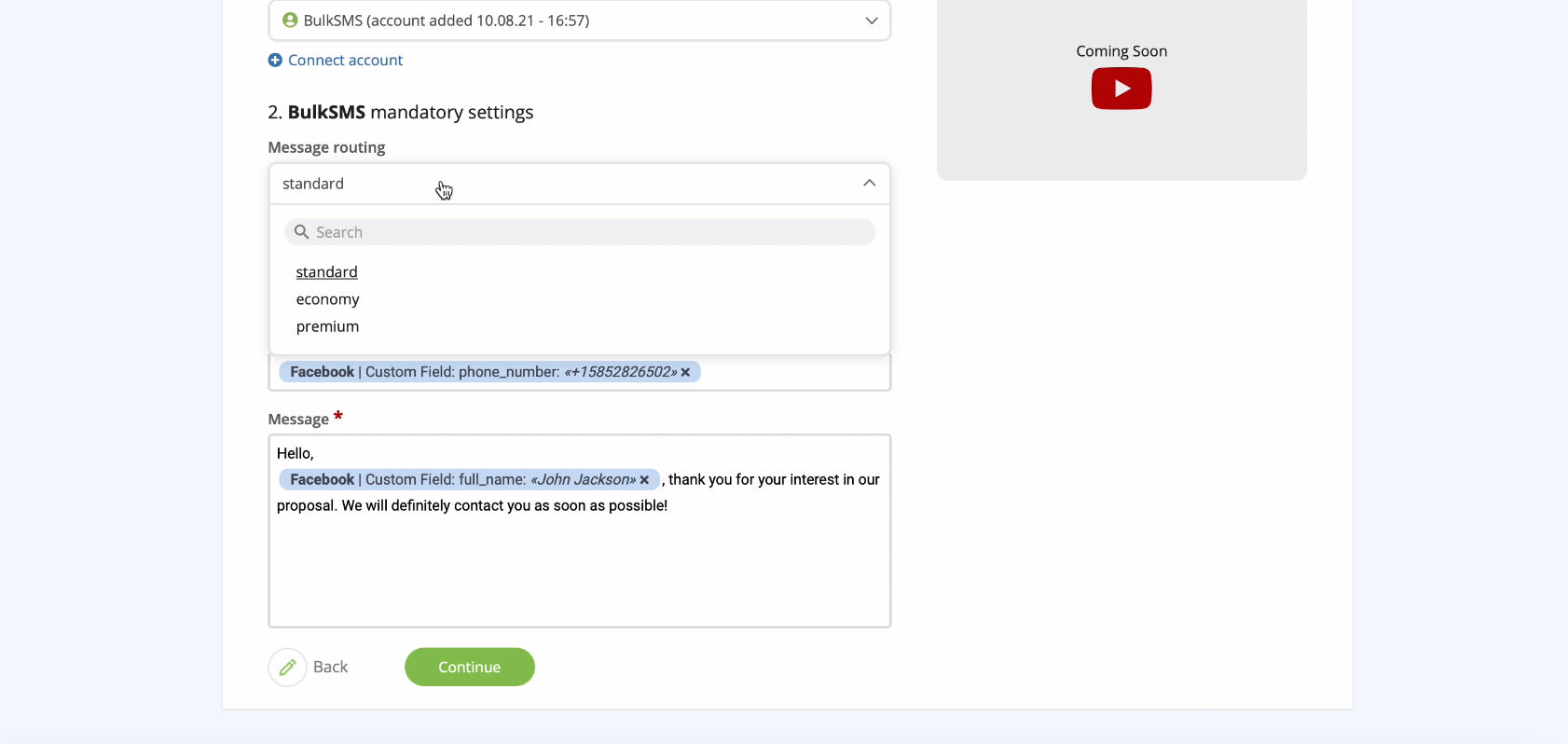 Facebook and BulkSMS integration | Select the message type. Facebook and BulkSMS integration | Select the message type.