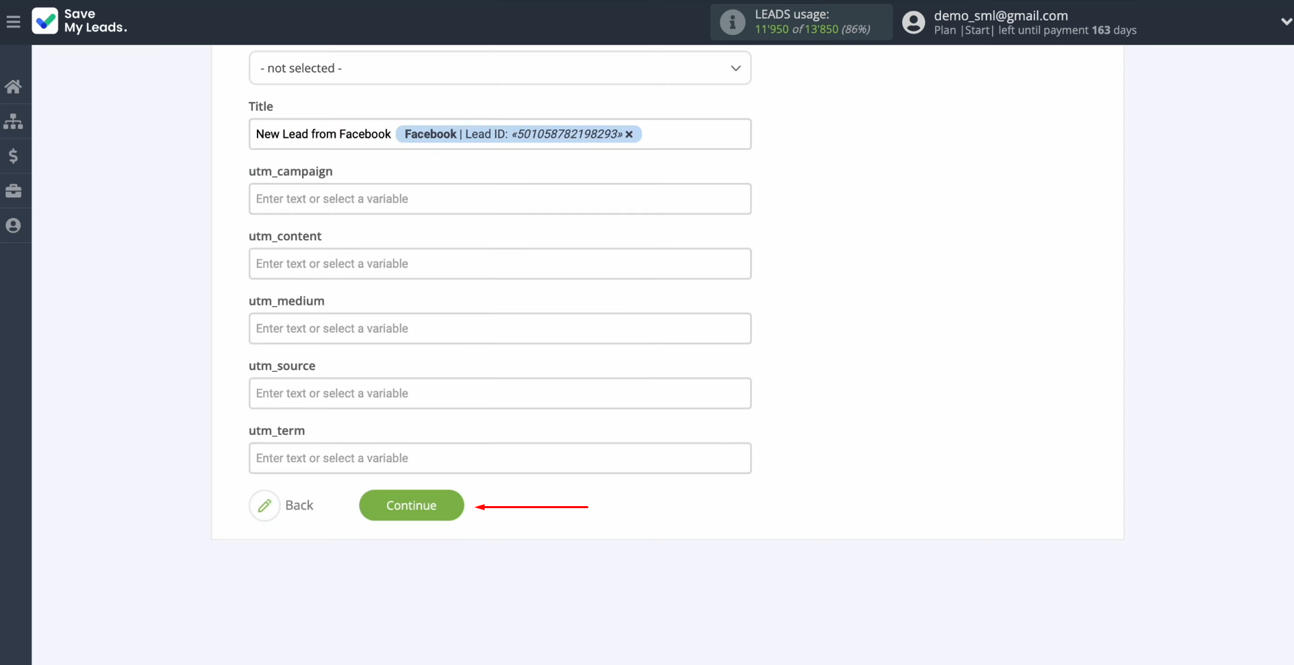 Facebook and KeyCRM integration | Once all the required fields are filled, click “Continue” Facebook and KeyCRM integration | Once all the required fields are filled, click “Continue”