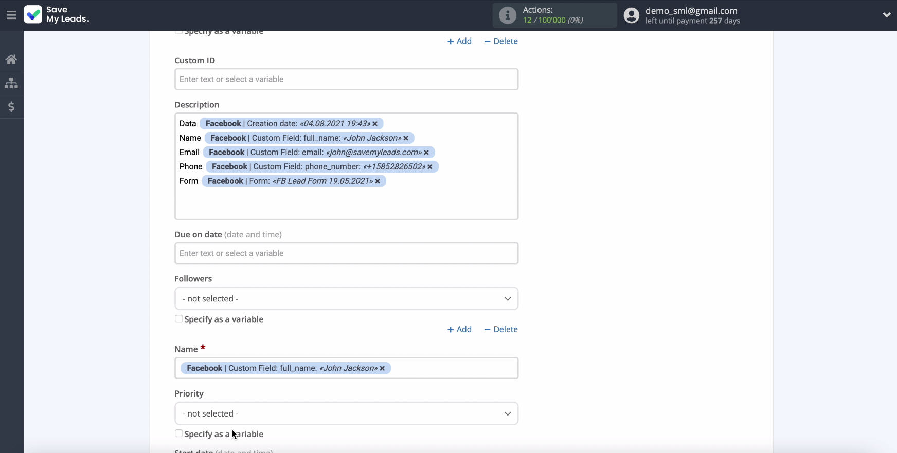 Facebook and ClickUp integration | Set the variable Facebook and ClickUp integration | Set the variable