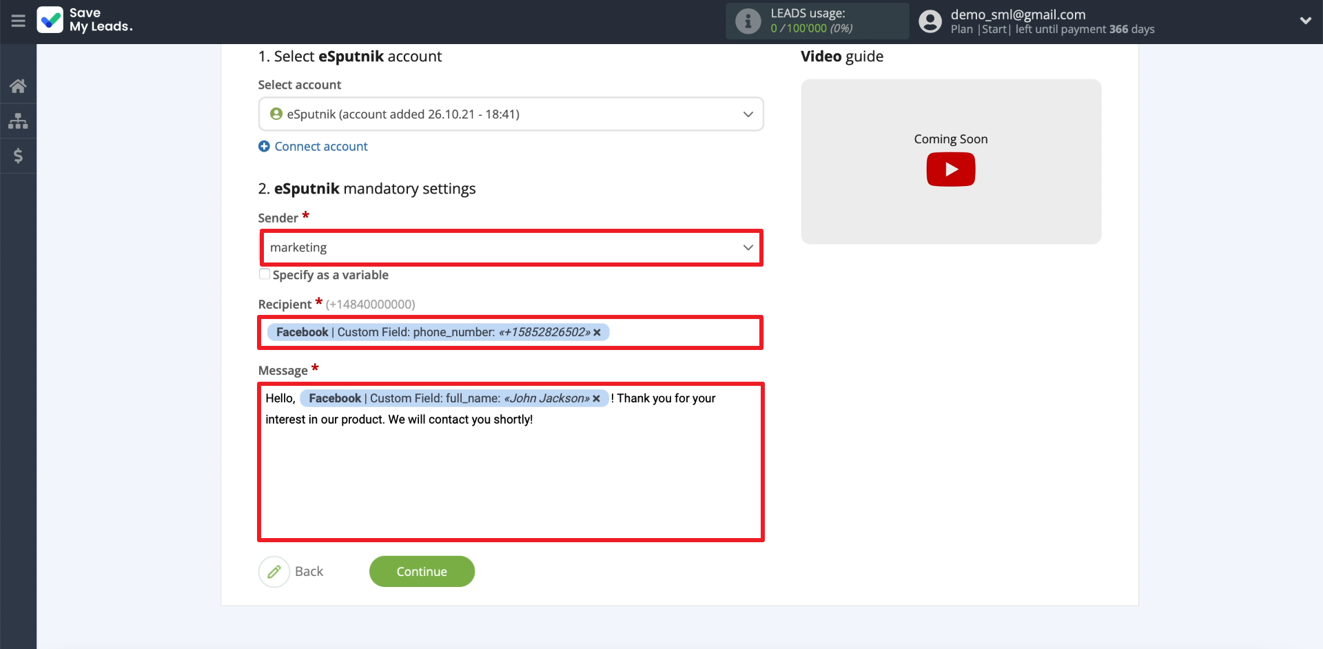 Facebook and eSputnik integration | Configuring message Facebook and eSputnik integration | Configuring message