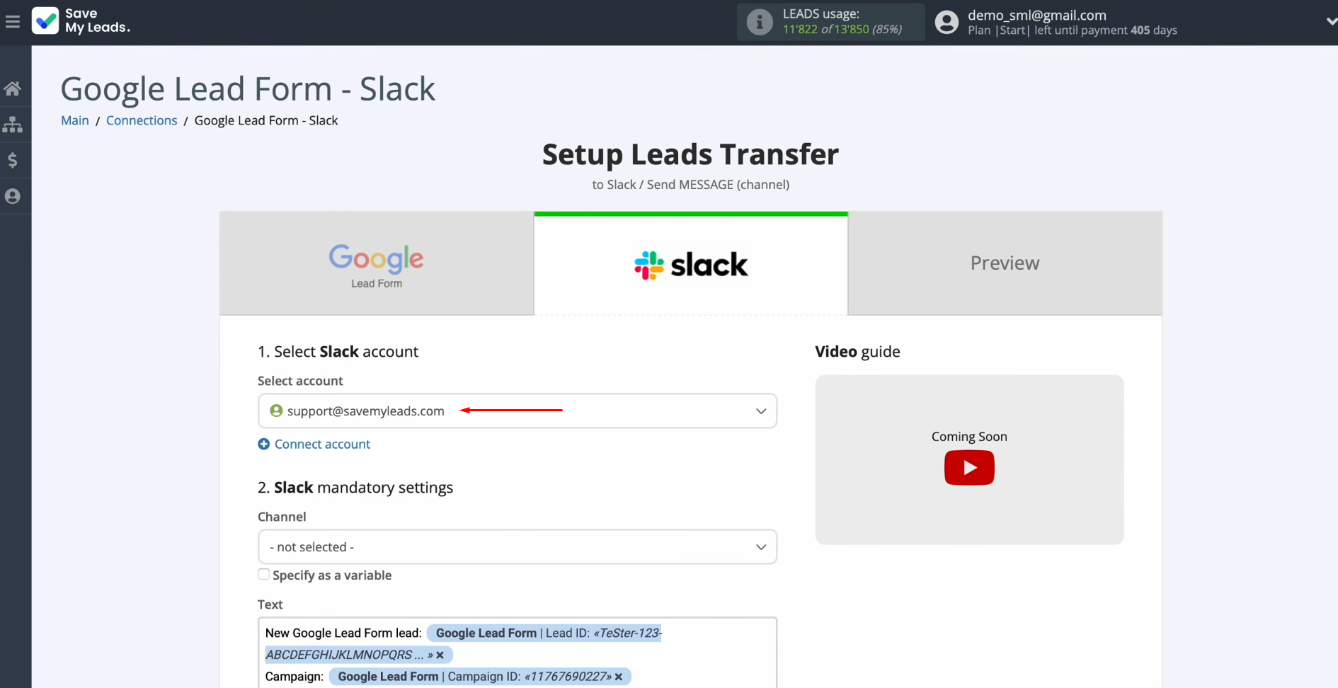 Google Lead Form and Slack integration | Select the connected account Google Lead Form and Slack integration | Select the connected account