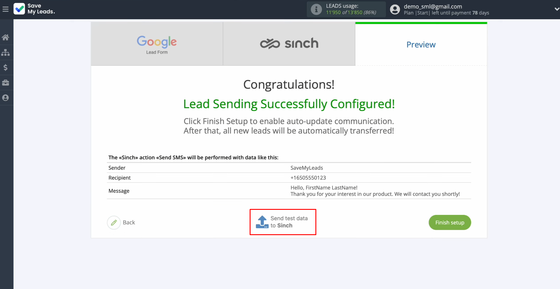 Google Lead Form and Sinch integration | Click “Send test data to Sinch” Google Lead Form and Sinch integration | Click “Send test data to Sinch”