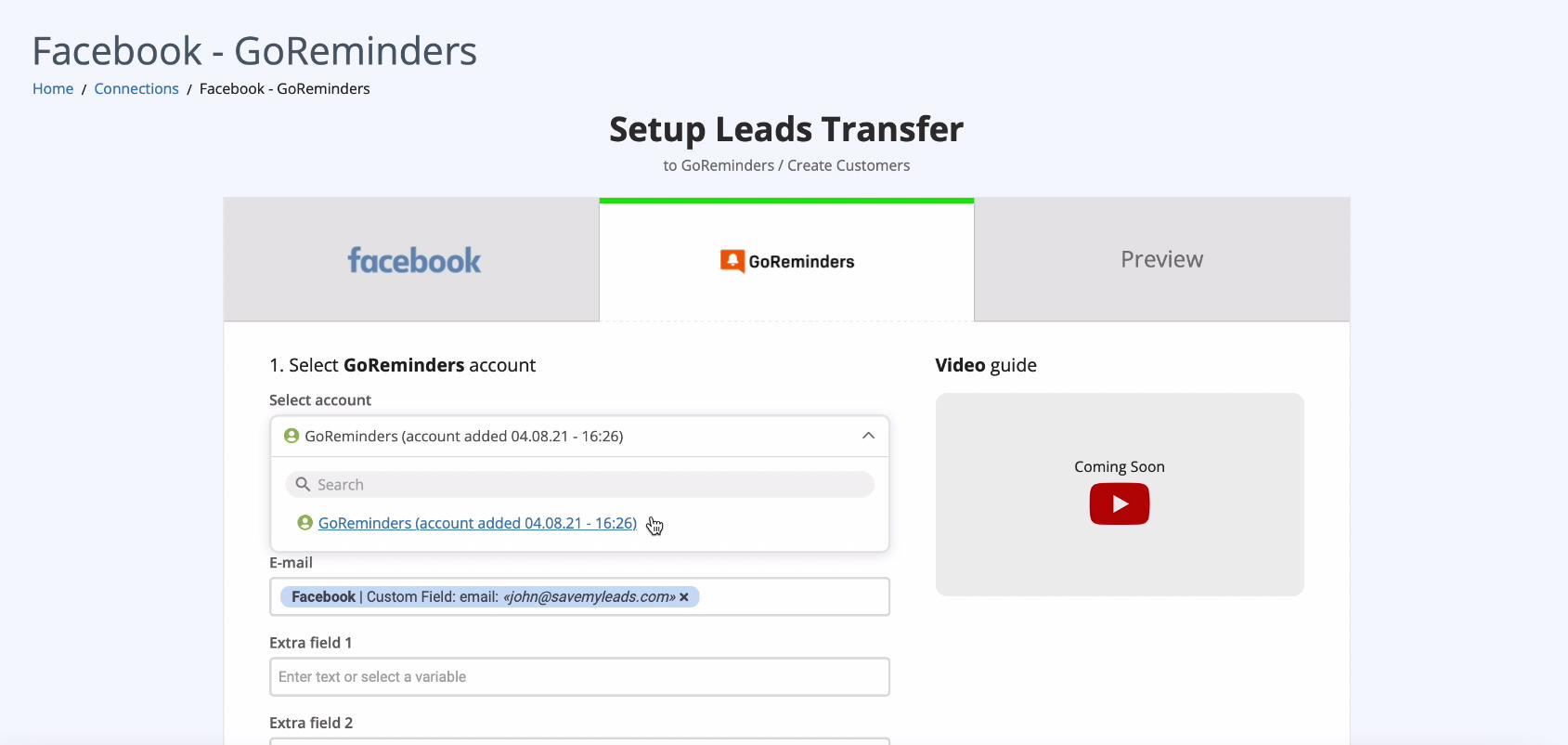 Facebook and GoReminders integration | The account is connected Facebook and GoReminders integration | The account is connected