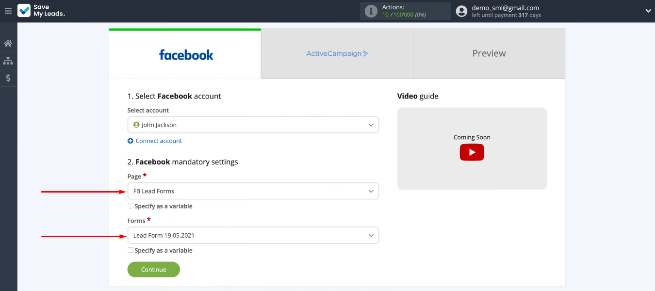Facebook and ActiveCampaign integration | Select page and form Facebook and ActiveCampaign integration | Select page and form