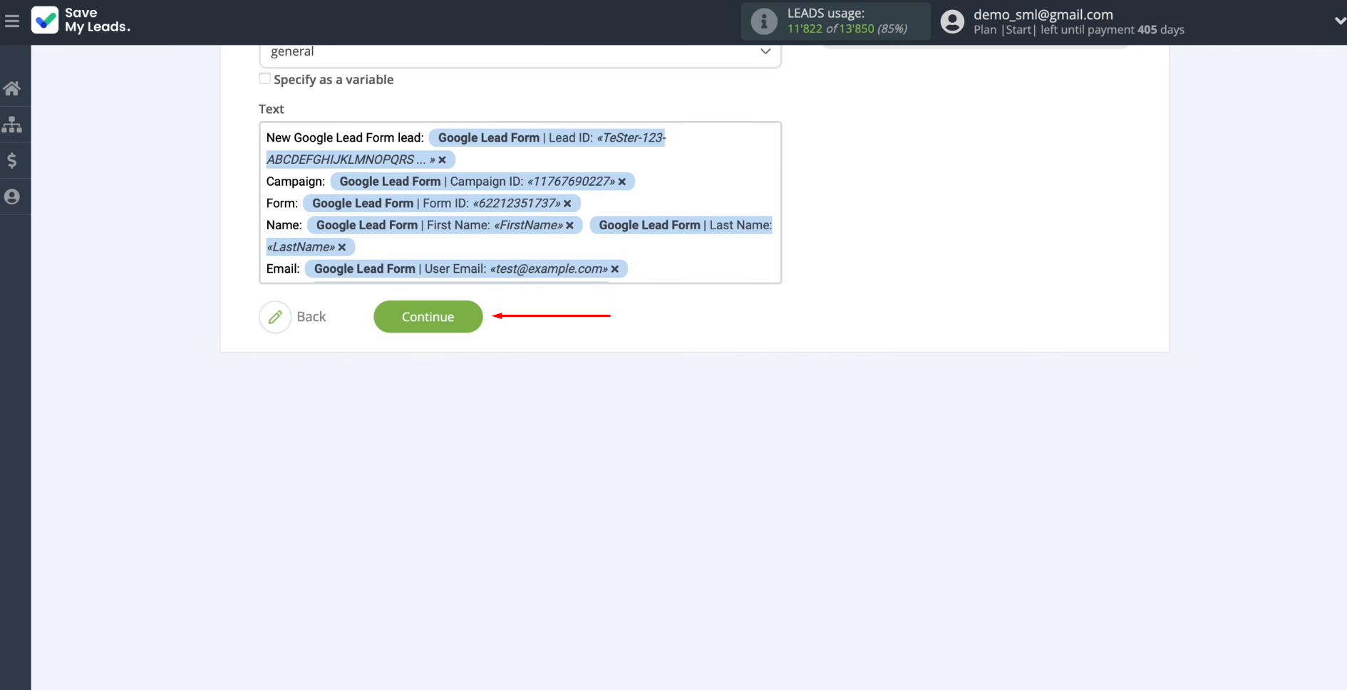 Google Lead Form and Slack integration | When you are finished, click “Continue” Google Lead Form and Slack integration | When you are finished, click “Continue”
