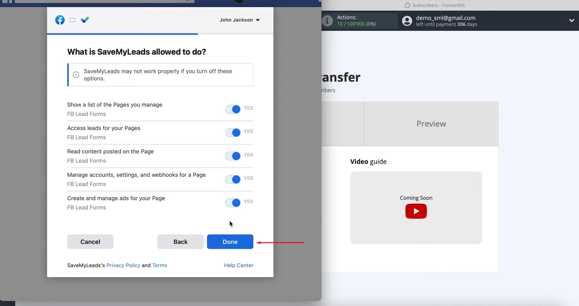 Facebook and ConvertKit integration | Leave all access checkboxes enabled Facebook and ConvertKit integration | Leave all access checkboxes enabled
