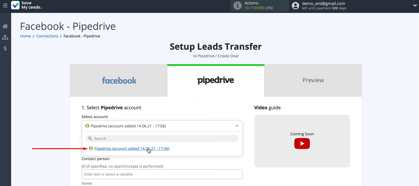 Facebook and Pipedrive integration | Select the Pipedrive account Facebook and Pipedrive integration | Select the Pipedrive account