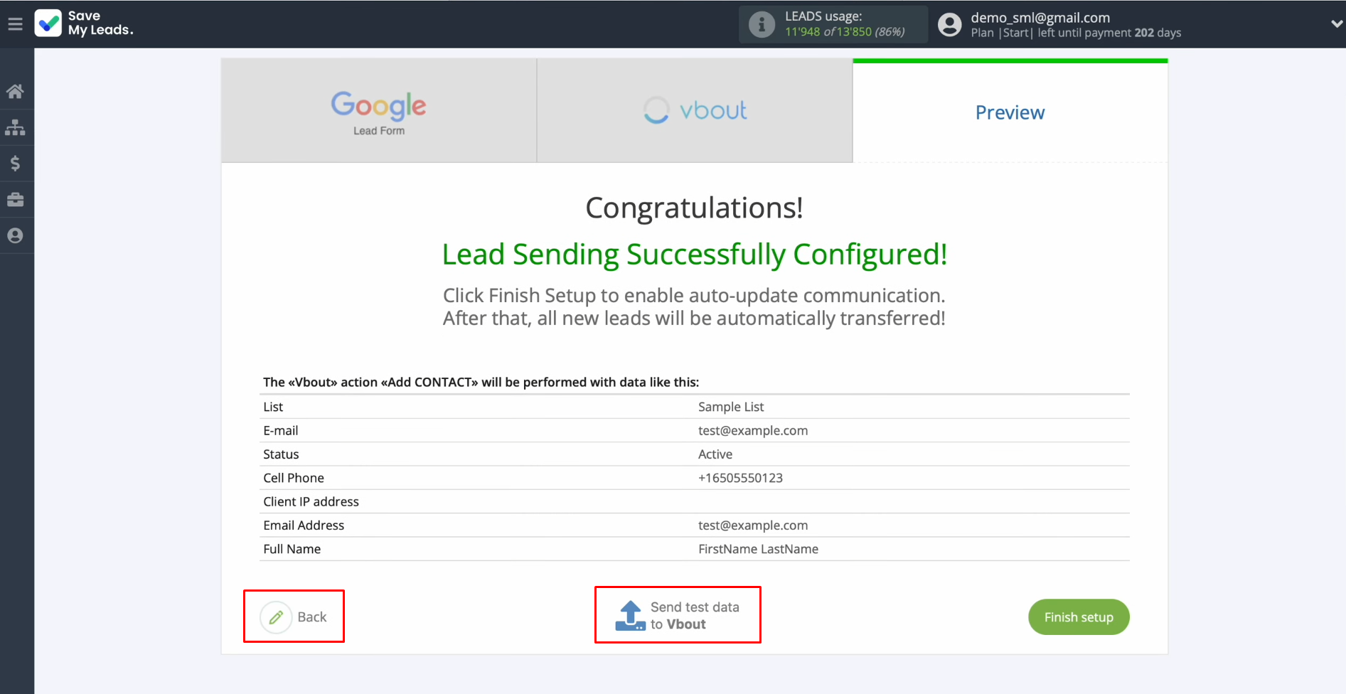 Google Ads Lead Form and Vbout integration | Сlick “Back” or “Send test data to Vbout” Google Ads Lead Form and Vbout integration | Сlick “Back” or “Send test data to Vbout”