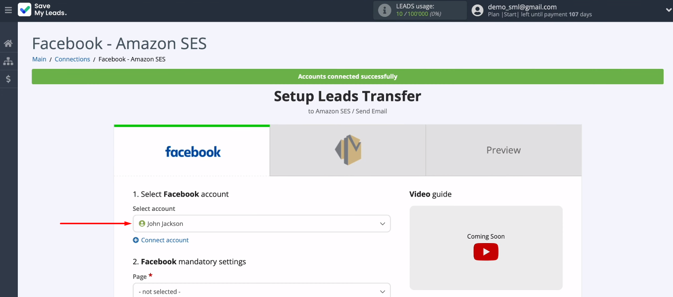 Facebook and Amazon SES integration | Select FB account Facebook and Amazon SES integration | Select FB account