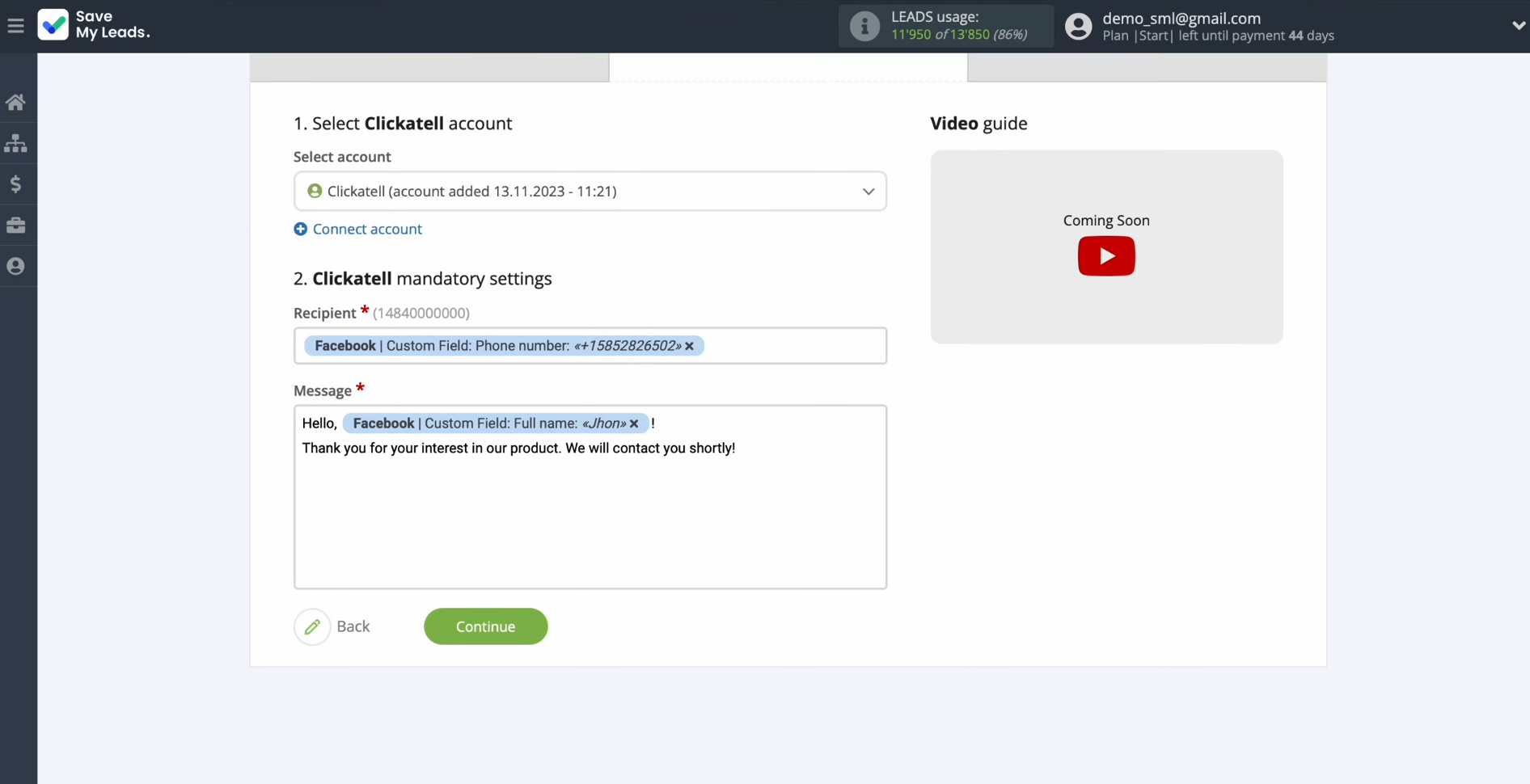 Facebook and Clickatell integration | The fields for sending SMS messages Facebook and Clickatell integration | The fields for sending SMS messages