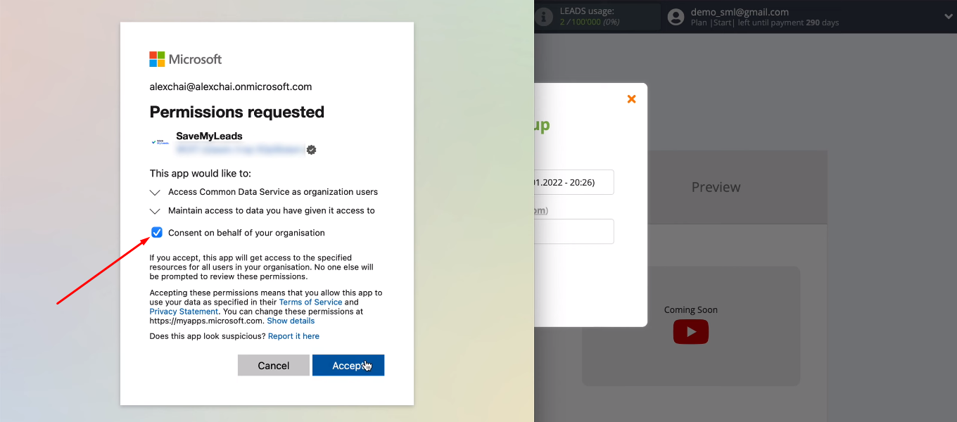 Facebook and Microsoft Dynamics 365 integration | Grant permission to the SML Facebook and Microsoft Dynamics 365 integration | Grant permission to the SML